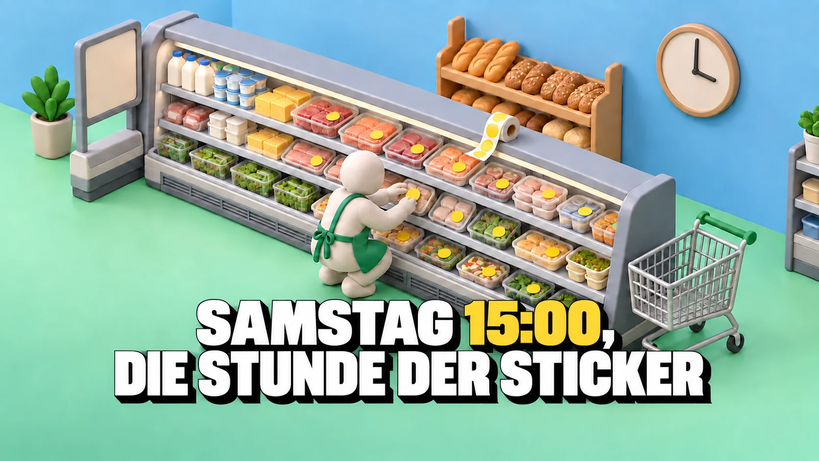 Isometrisches Ton-Diorama: eine Frischeabteilung, in der eine Figur gelbe Punkte auf die Schalen klebt.