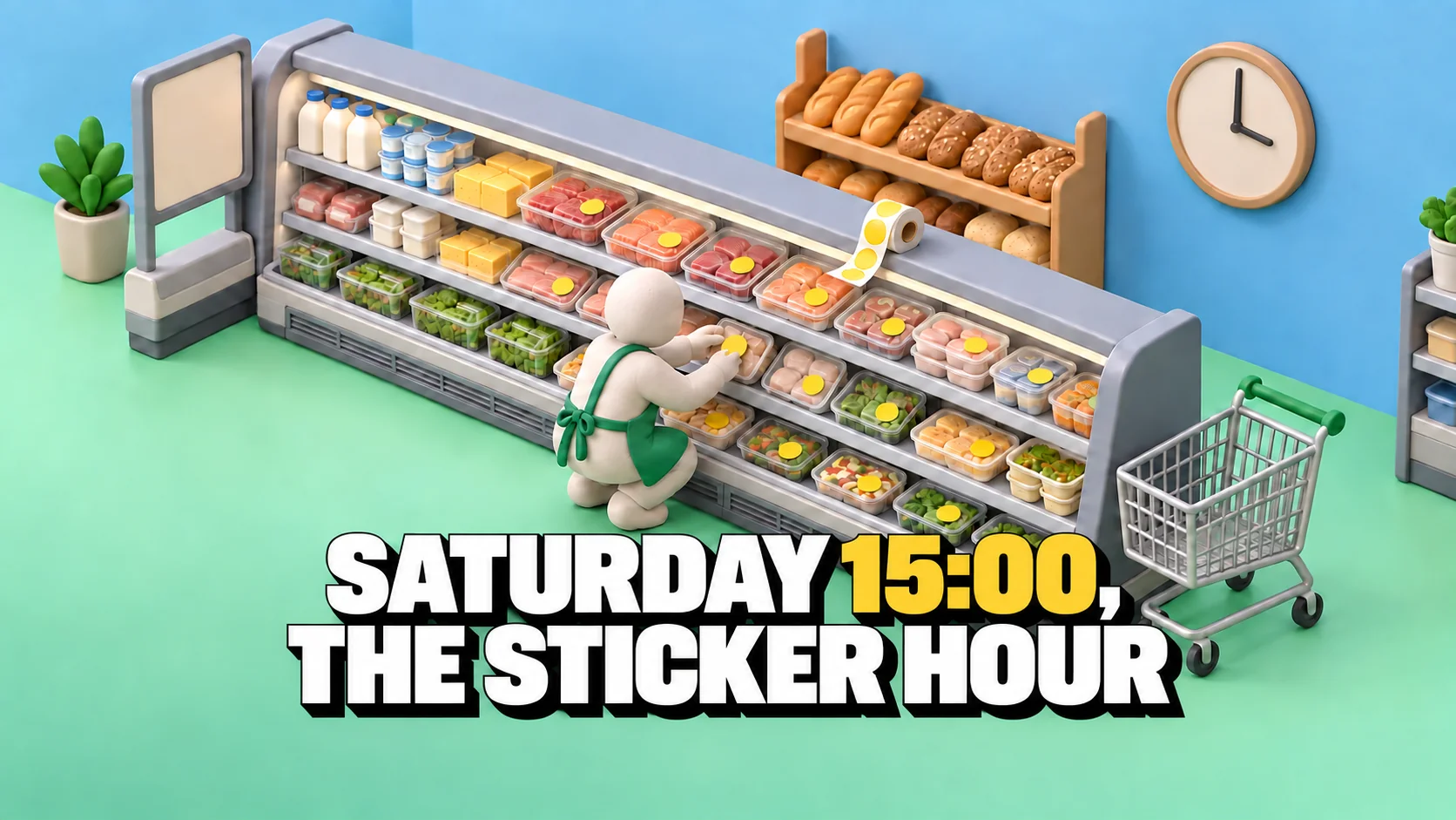 An isometric clay diorama of a chilled aisle where a small figure puts yellow dots on the trays.