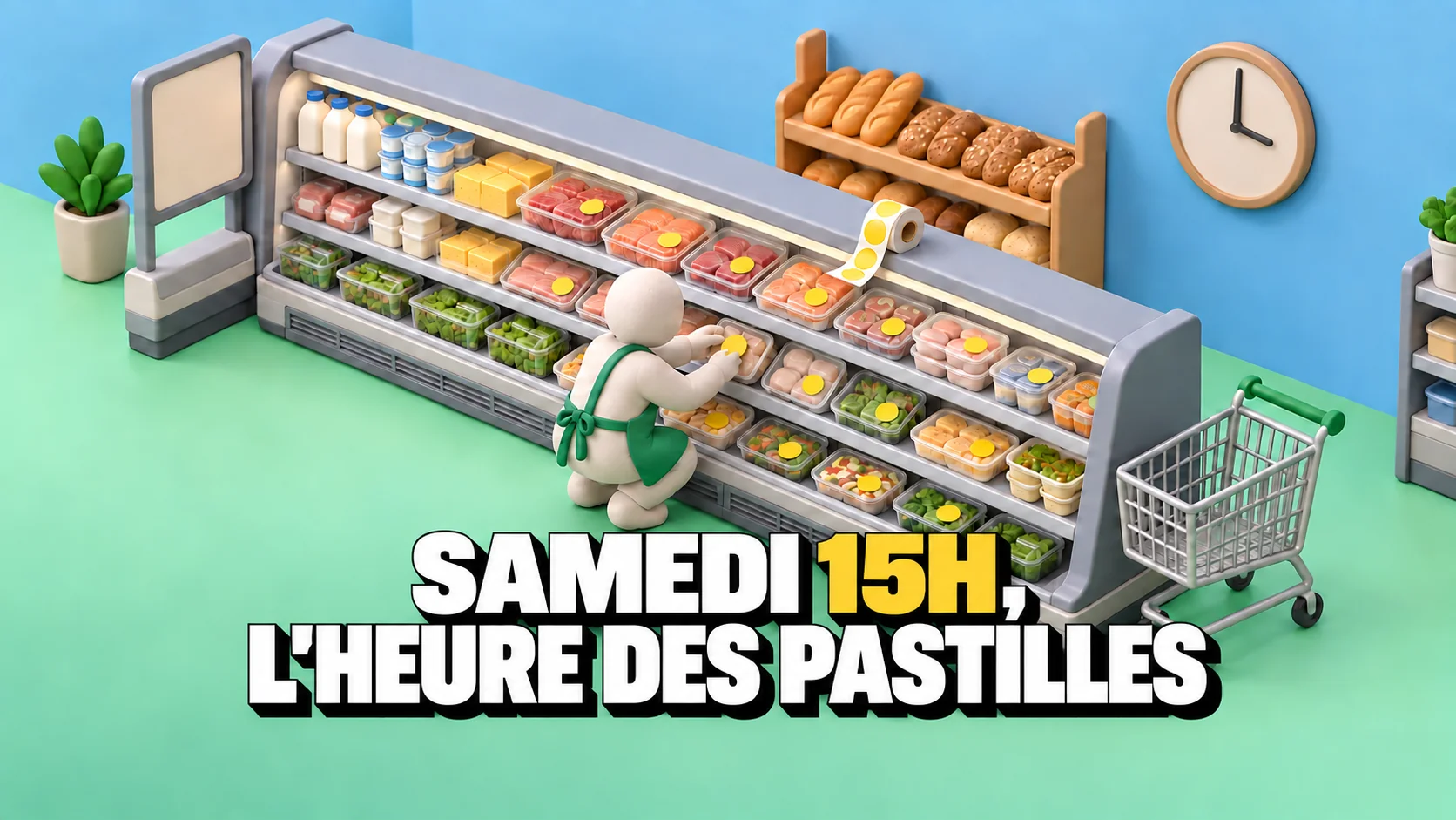 Diorama isométrique en argile : un rayon frais où une figurine colle des pastilles jaunes sur les barquettes.