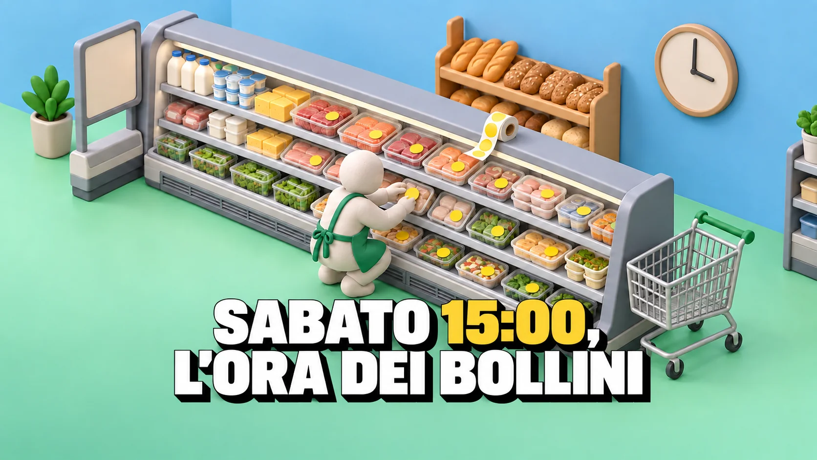Diorama isometrico in argilla: una corsia di freschi dove una figurina applica bollini gialli sulle vaschette.