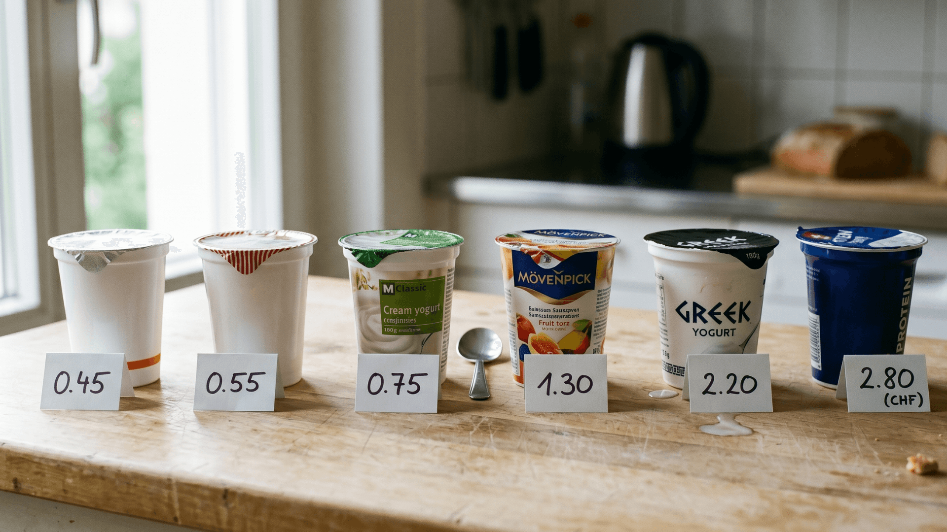 Pots de yaourt suisses Hirz, Emmi, Activia, M-Budget, Milbona avec étiquettes de prix CHF