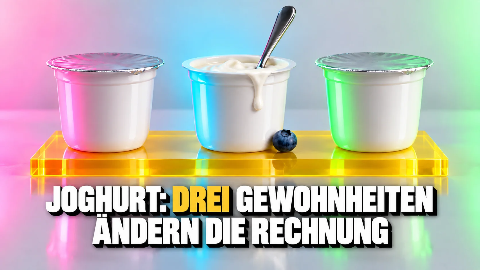 Drei unbeschriftete Joghurtbecher unter farbigem Licht; der mittlere ist geöffnet.