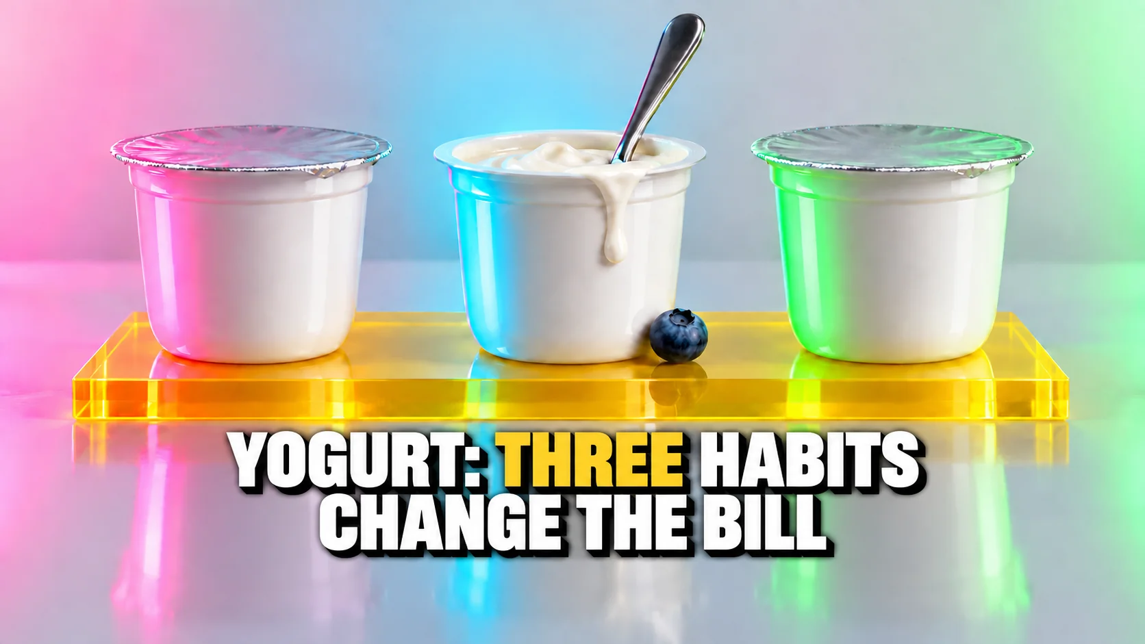Three unlabelled yogurt pots under coloured lighting, with the middle pot open.