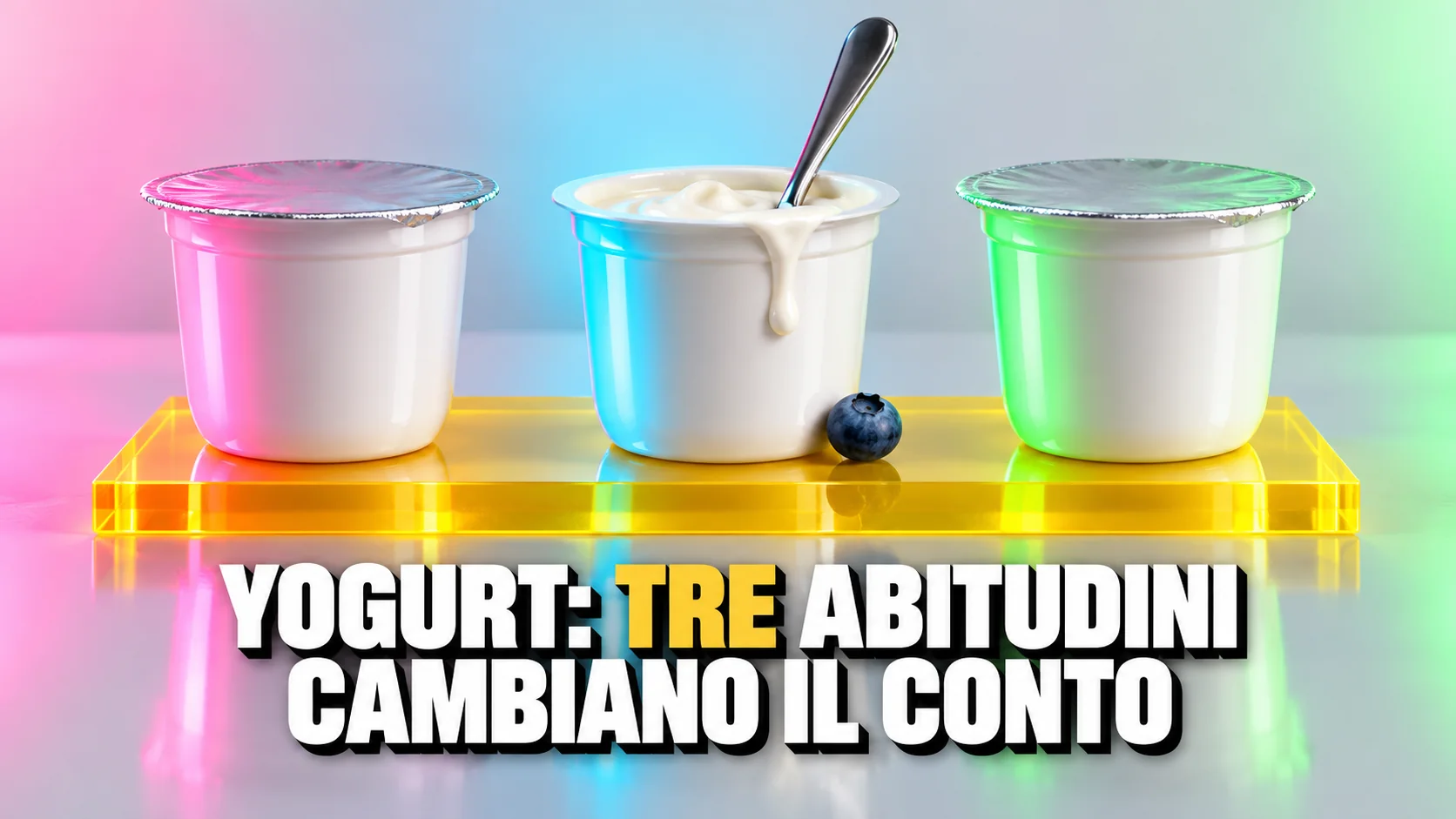 Tre vasetti di yogurt bianchi senza etichetta illuminati da luci rosa, ciano e verde, quello centrale aperto con un cucchiaio