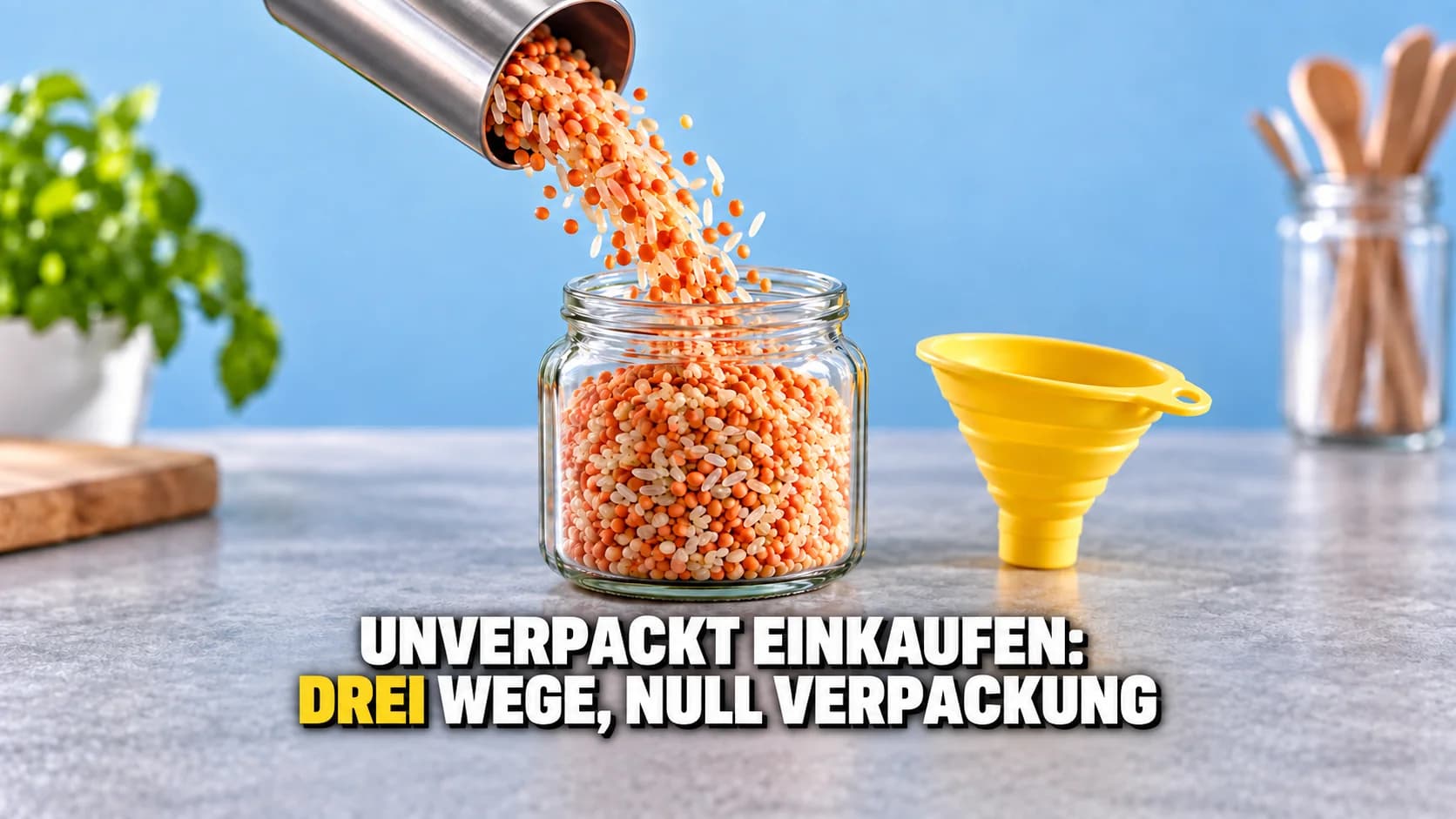 Makro von Linsen und Reis, die aus einem Stahlspender in ein Glas fallen, daneben ein gelber Trichter.
