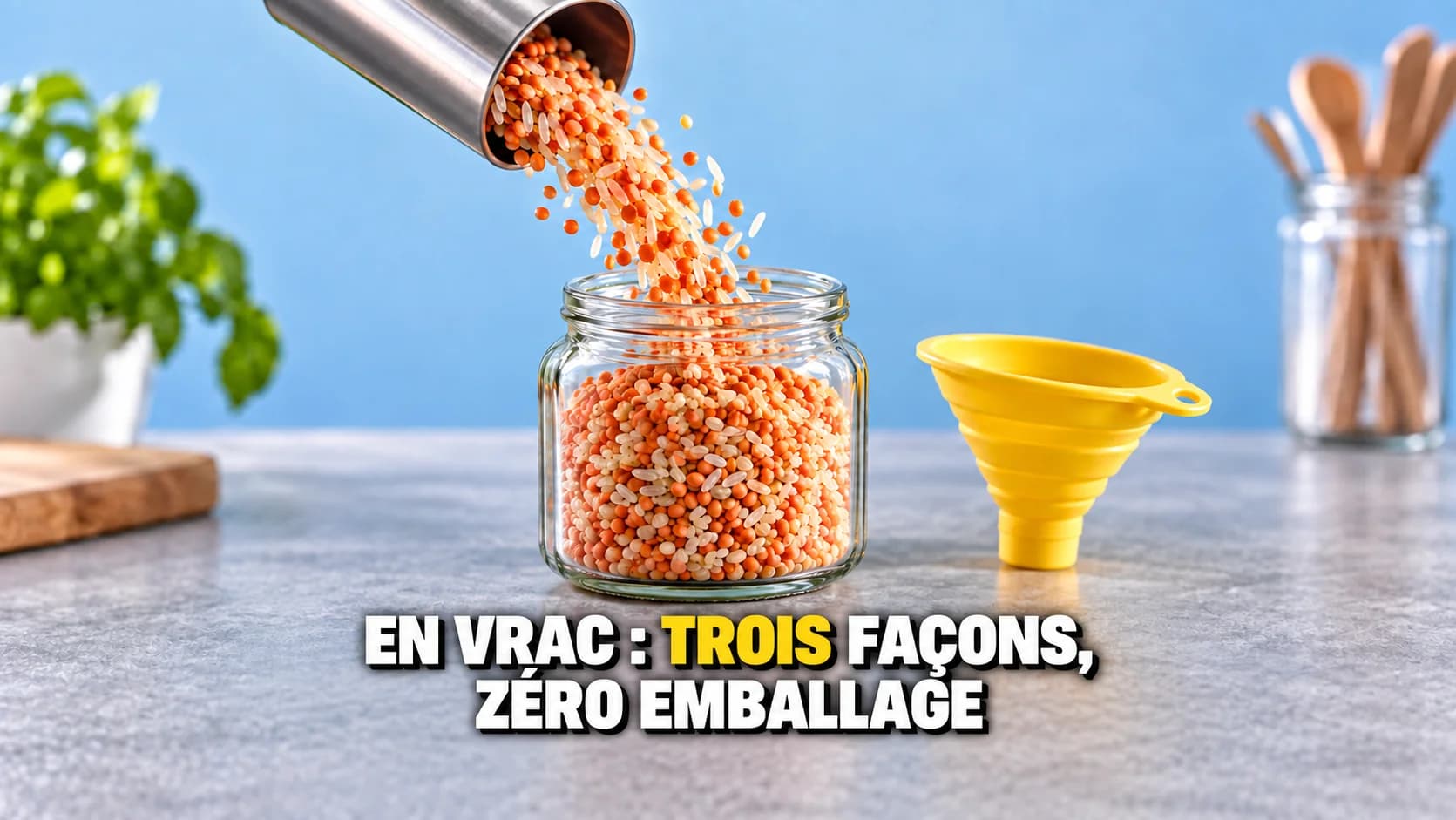 Macro de lentilles et de riz tombant d’un distributeur en acier dans un bocal en verre, un entonnoir jaune posé à côté.