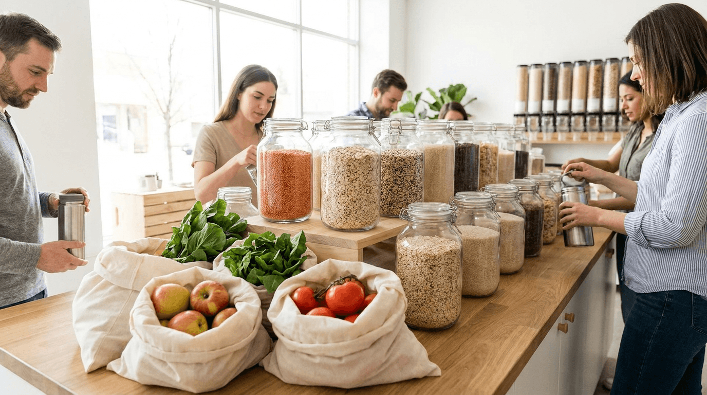 Unverpackt einkaufen in der Schweiz: eigene Behälter und Mehrwegbeutel an der Supermarkt-Theke