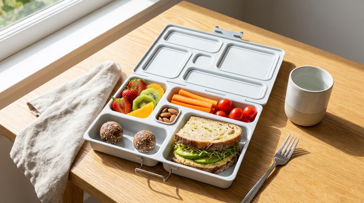 Günstige gesunde Znüni-Box für Schweizer Schulkinder mit Obst, Gemüse, Joghurt und Vollkornbrot