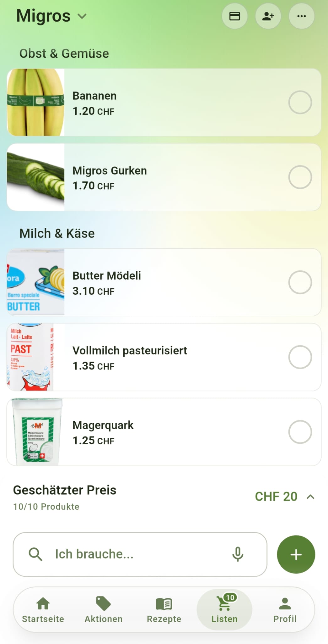 Migros-Liste in der Rappn-App: Bananen 1.20, Gurken, Butter 3.10, Milch 1.35, Magerquark 1.25