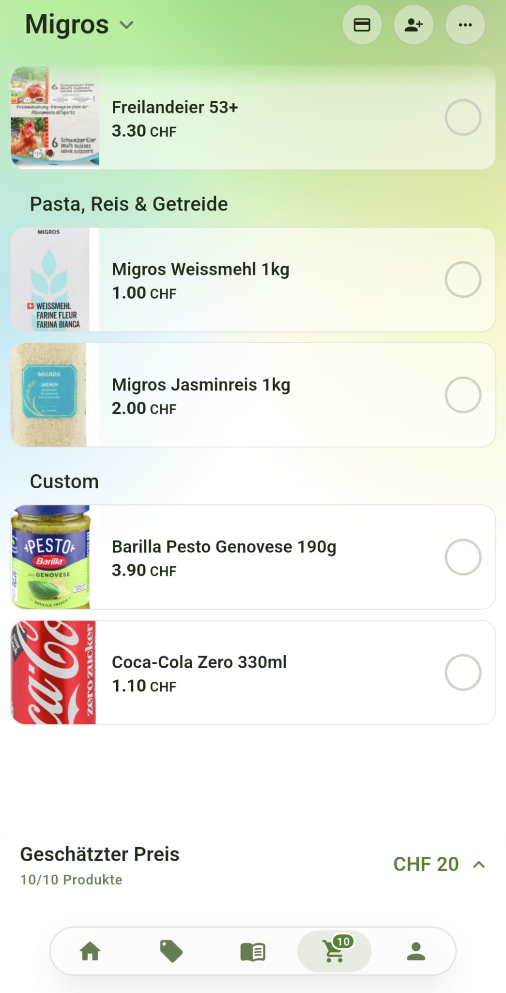 Migros-Liste in der Rappn-App: Eier 3.30, Mehl 1.00, Reis 2.00, Barilla Pesto 3.90, Coca-Cola Zero 1.10