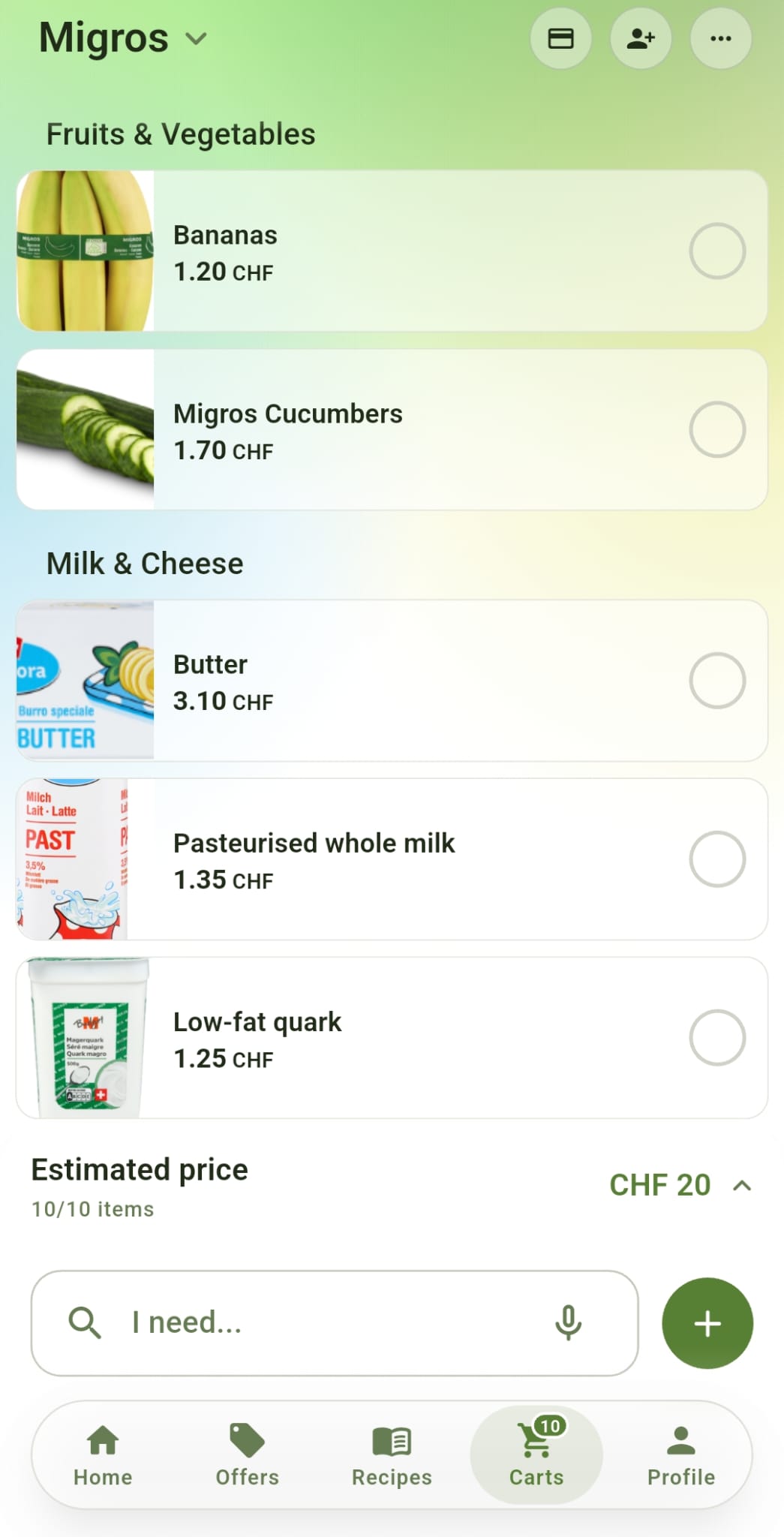 Migros list in the Rappn app: bananas 1.20, cucumbers, butter 3.10, milk 1.35, quark 1.25