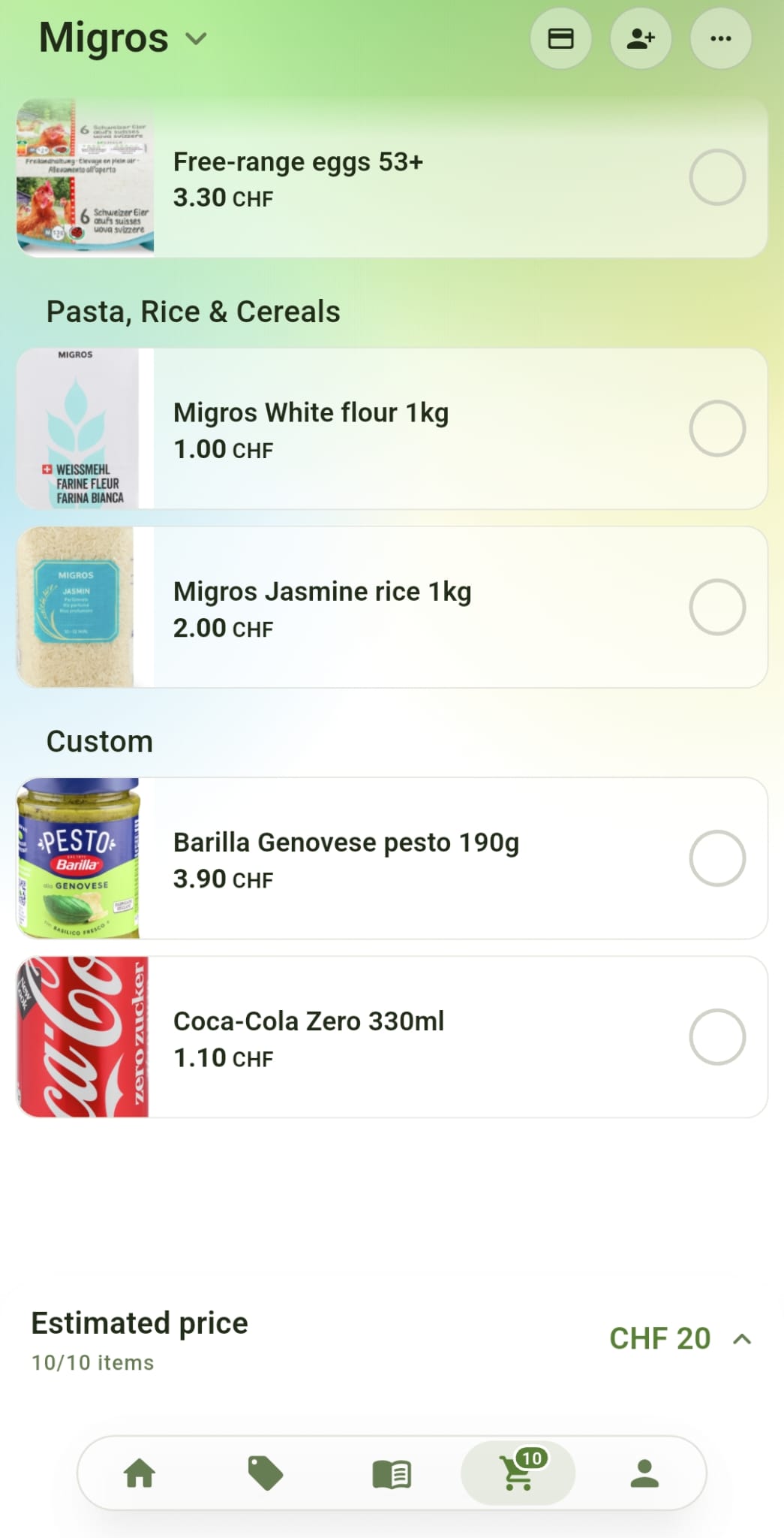 Migros list in the Rappn app: eggs 3.30, flour 1.00, rice 2.00, Barilla pesto 3.90, Coca-Cola Zero 1.10