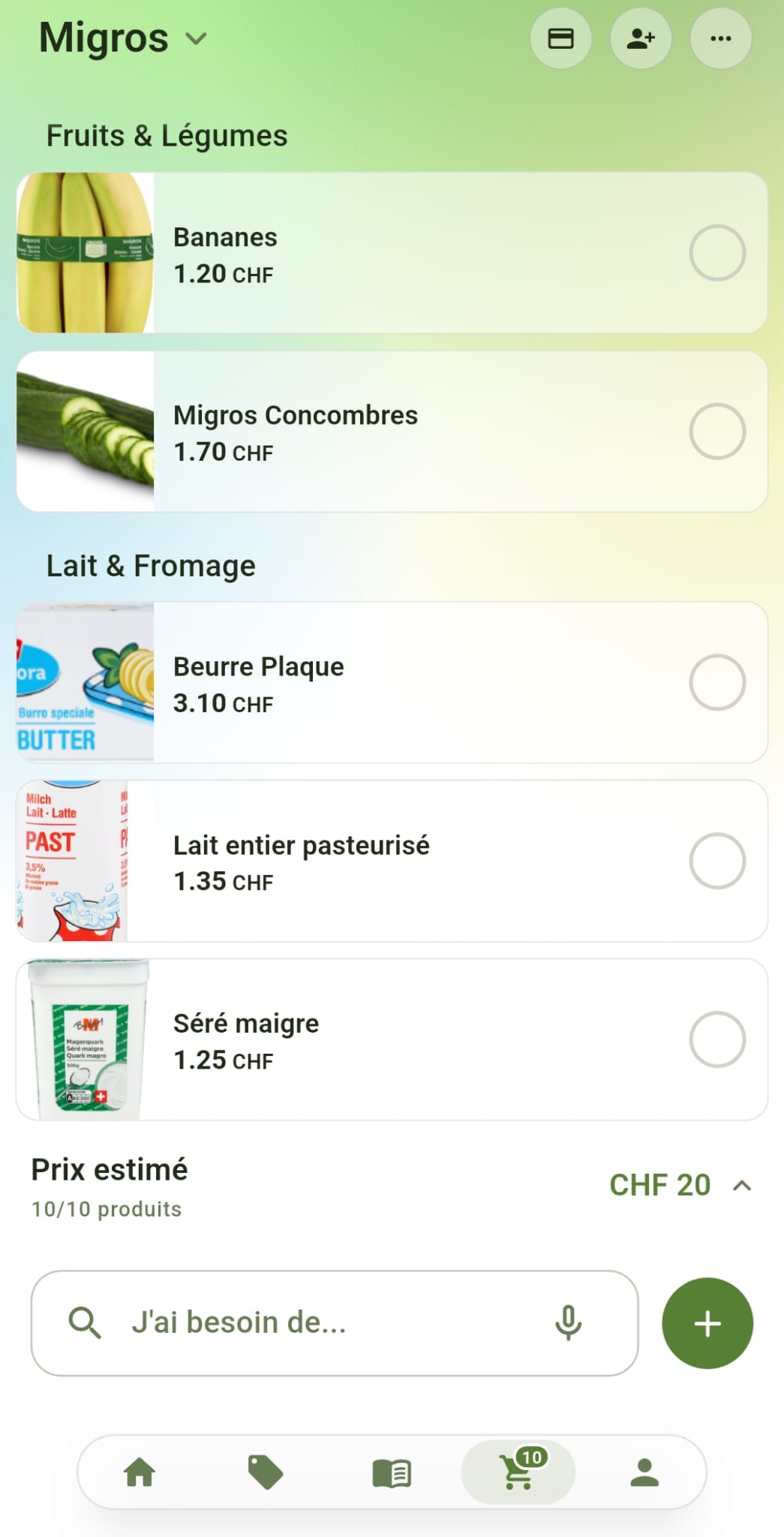 Liste Migros dans l'app Rappn : bananes 1.20, concombres, beurre 3.10, lait 1.35, séré 1.25