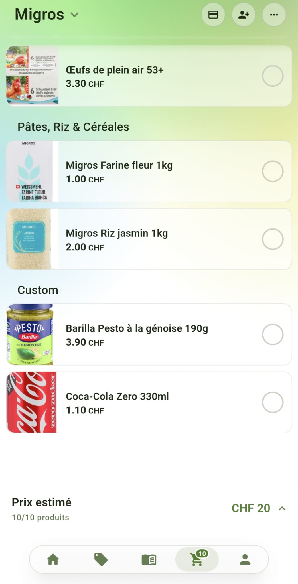 Liste Migros dans l'app Rappn : œufs 3.30, farine 1.00, riz 2.00, pesto Barilla 3.90, Coca-Cola Zero 1.10