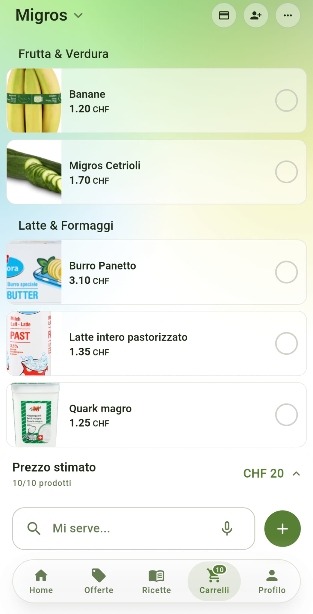Lista Migros nell'app Rappn: banane 1.20, cetrioli, burro 3.10, latte 1.35, quark 1.25