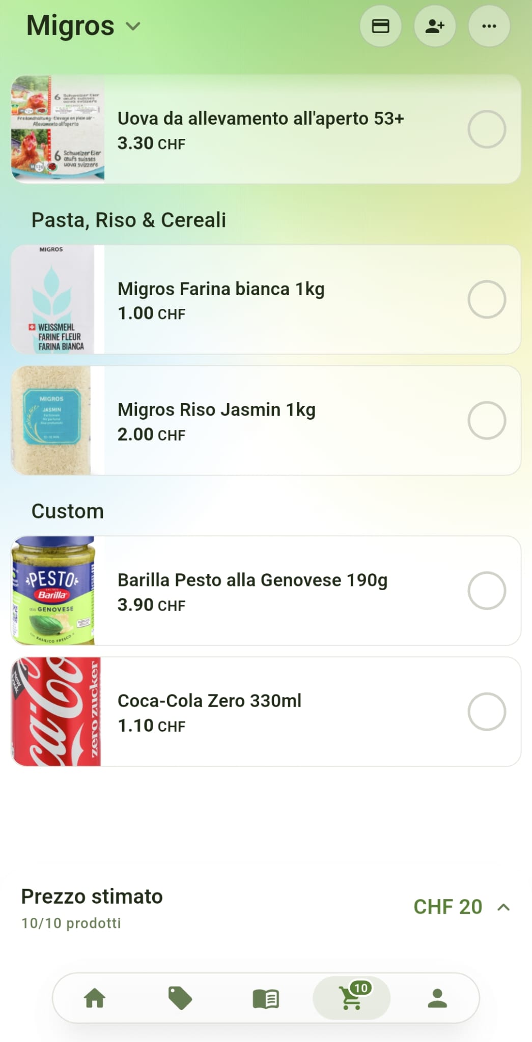 Lista Migros nell'app Rappn: uova 3.30, farina 1.00, riso 2.00, pesto Barilla 3.90, Coca-Cola Zero 1.10