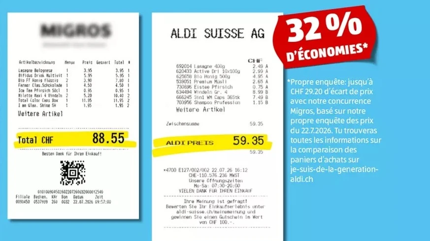 L'annonce ALDI : deux tickets comparés, totaux CHF 88.55 et 59.34, 32% d'économies