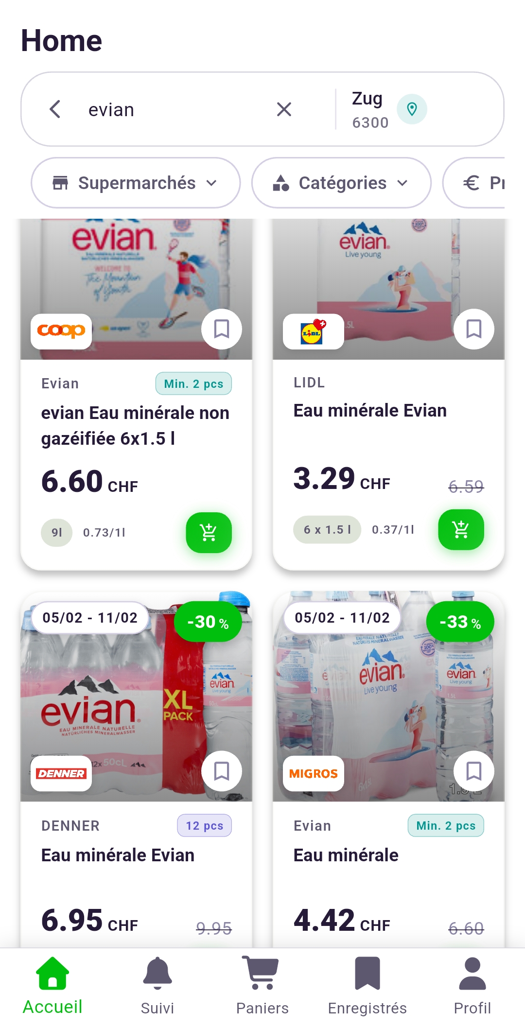 Appli Rappn comparant les offres Evian