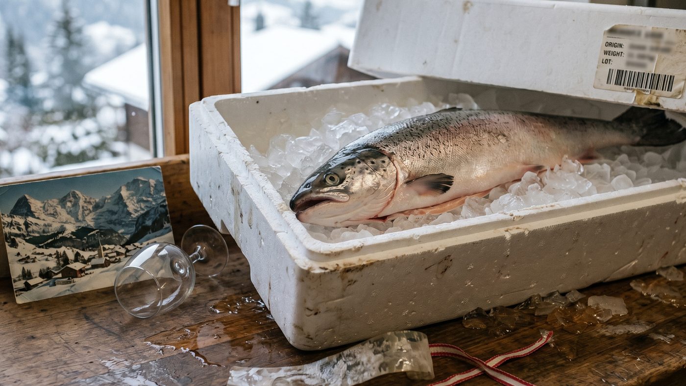 Un salmone intero sul ghiaccio, con l'etichetta di origine, peso e lotto.