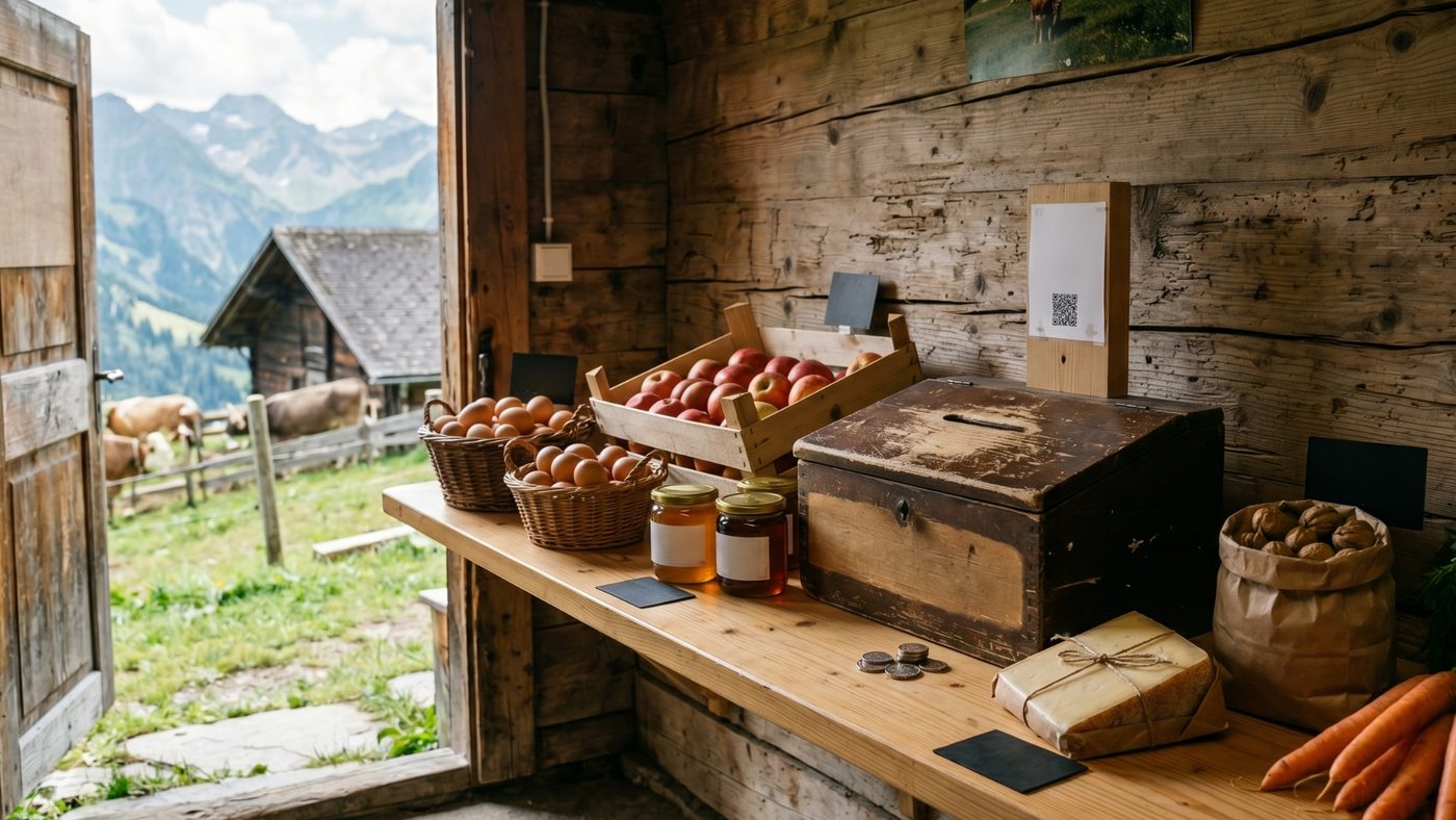 Bancarella di una fattoria svizzera con mele, uova, miele e una cassetta per i soldi.