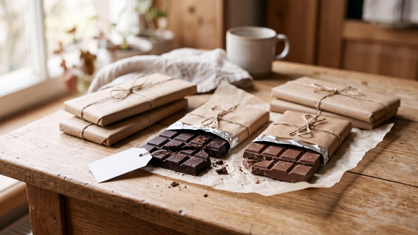 Bars of dark and milk chocolate, some unwrapped, on a kitchen table next to a blank price tag.