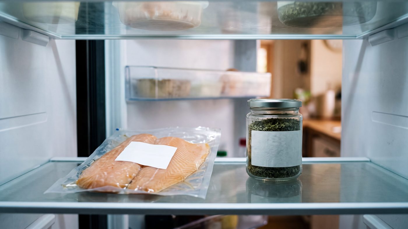 A pack of smoked trout fillets and a small jar of dried herbs on a fridge shelf.