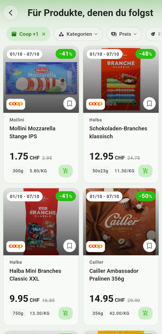 Beobachtete Produkte in der Rappn-App: Aktionen auf Produkten, denen du folgst