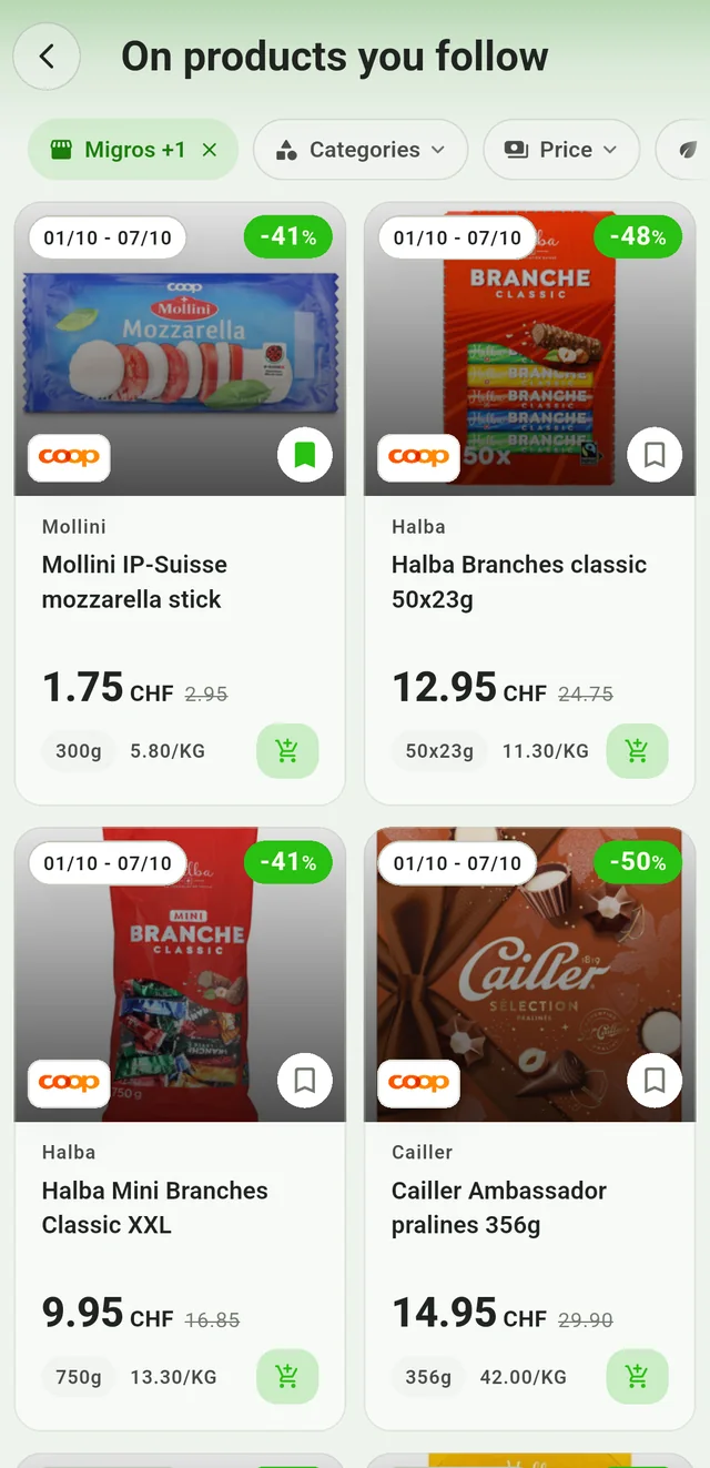 Followed products in the Rappn app: deals on the products you follow