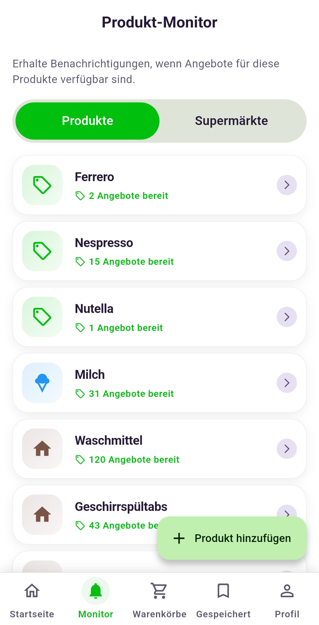 Favoriten und Preisalarme in Rappn