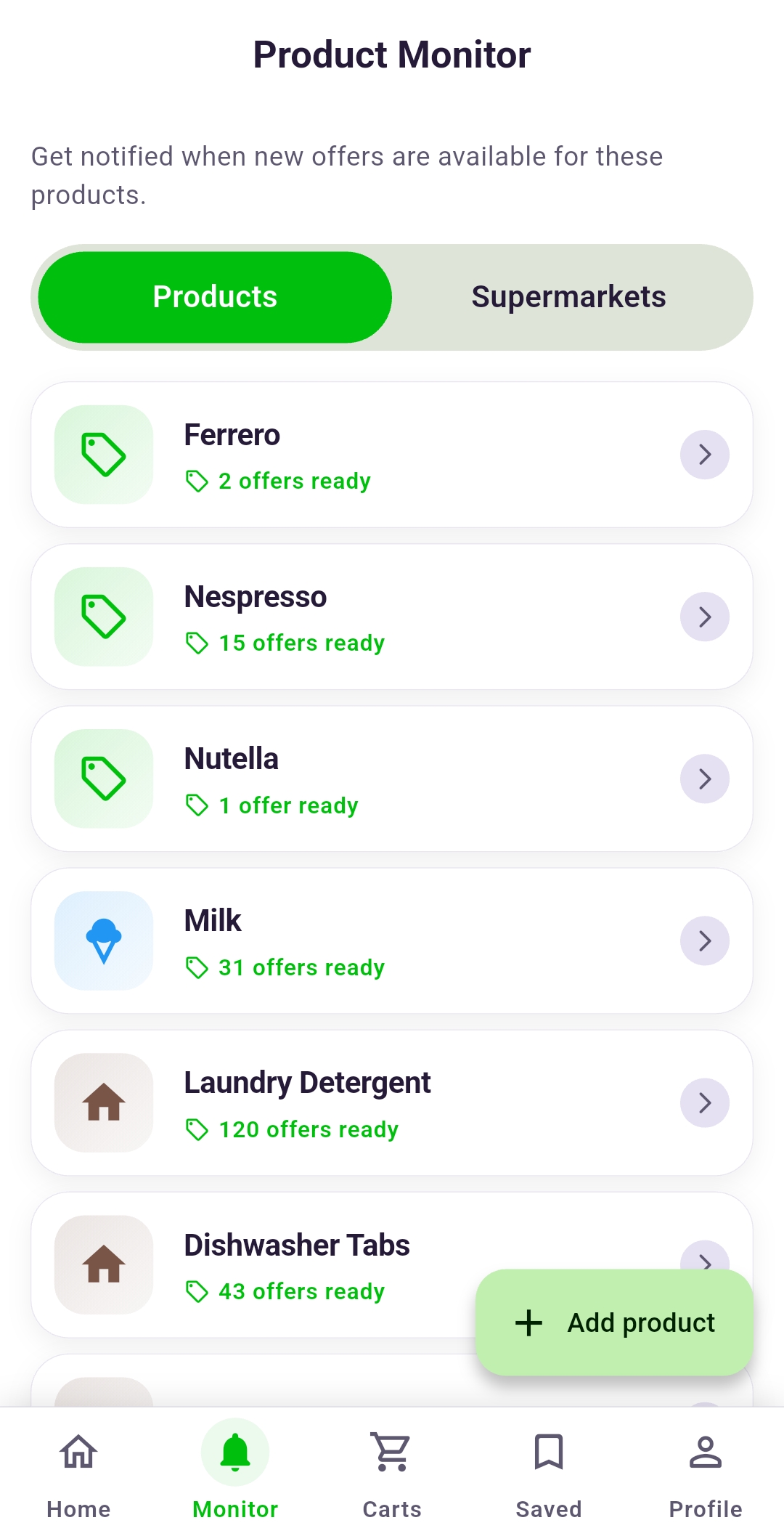 Favourite products and price alerts in Rappn