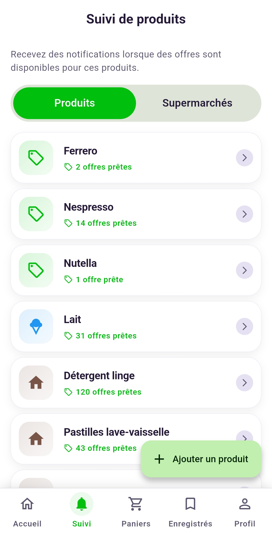 Produits favoris et alertes de prix dans Rappn