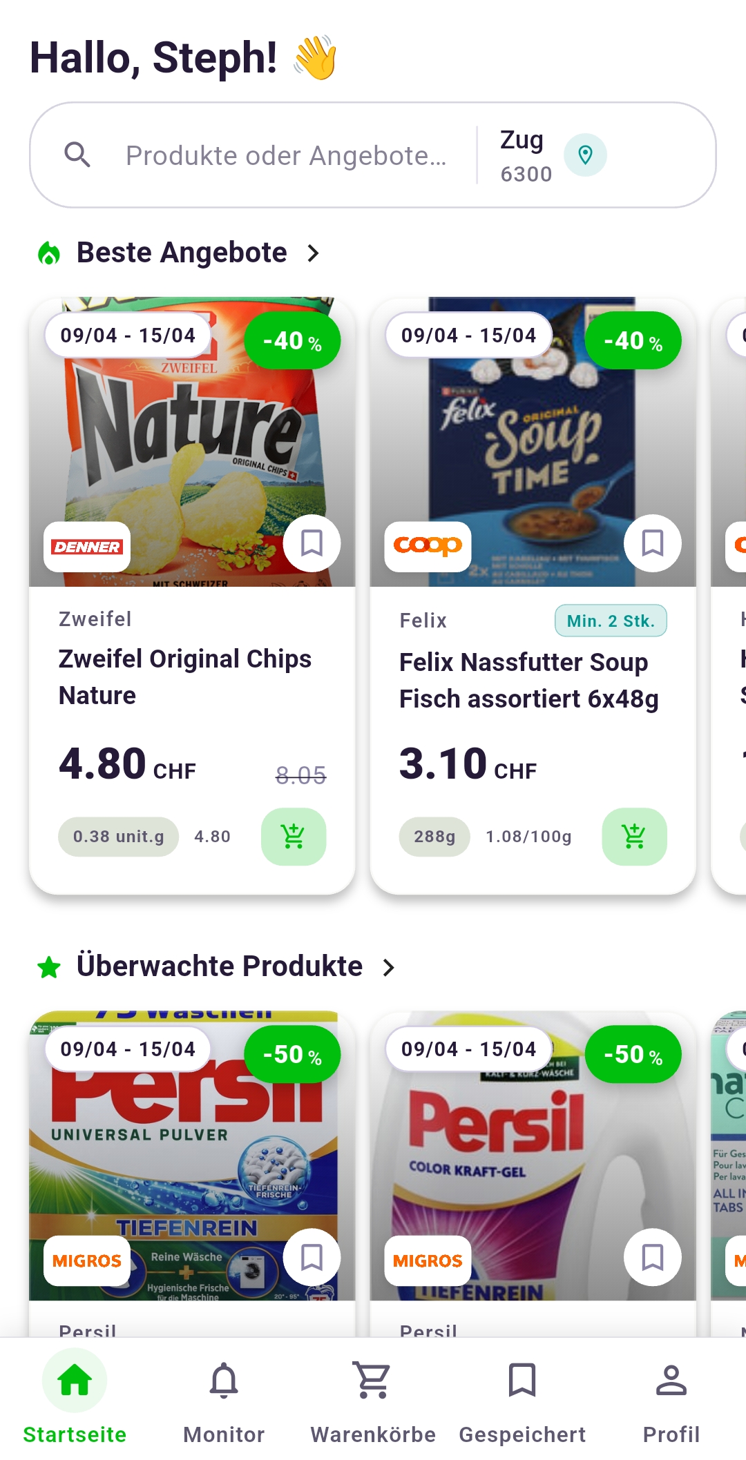 Rappn Startbildschirm mit Wochenangeboten verschiedener Schweizer Supermärkte