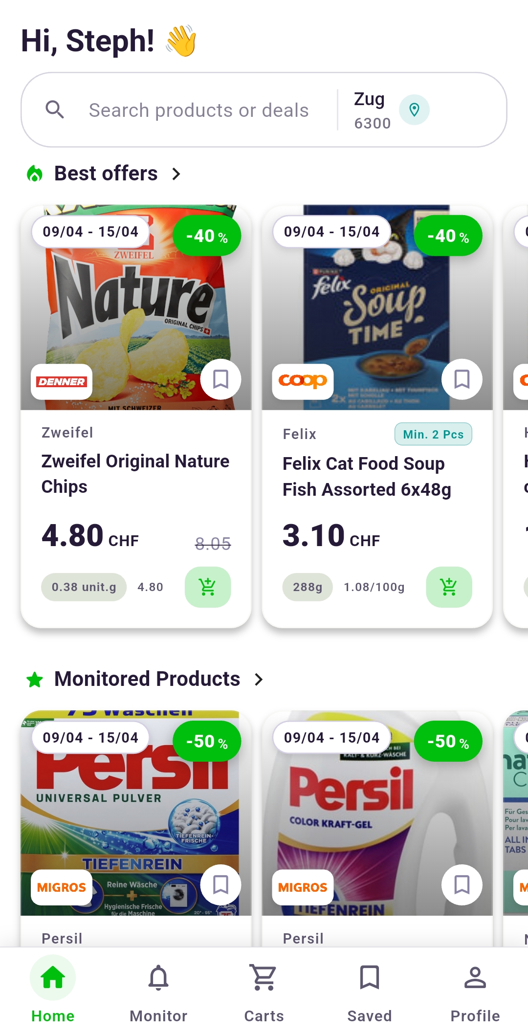 Rappn home screen showing weekly deals from different Swiss supermarkets