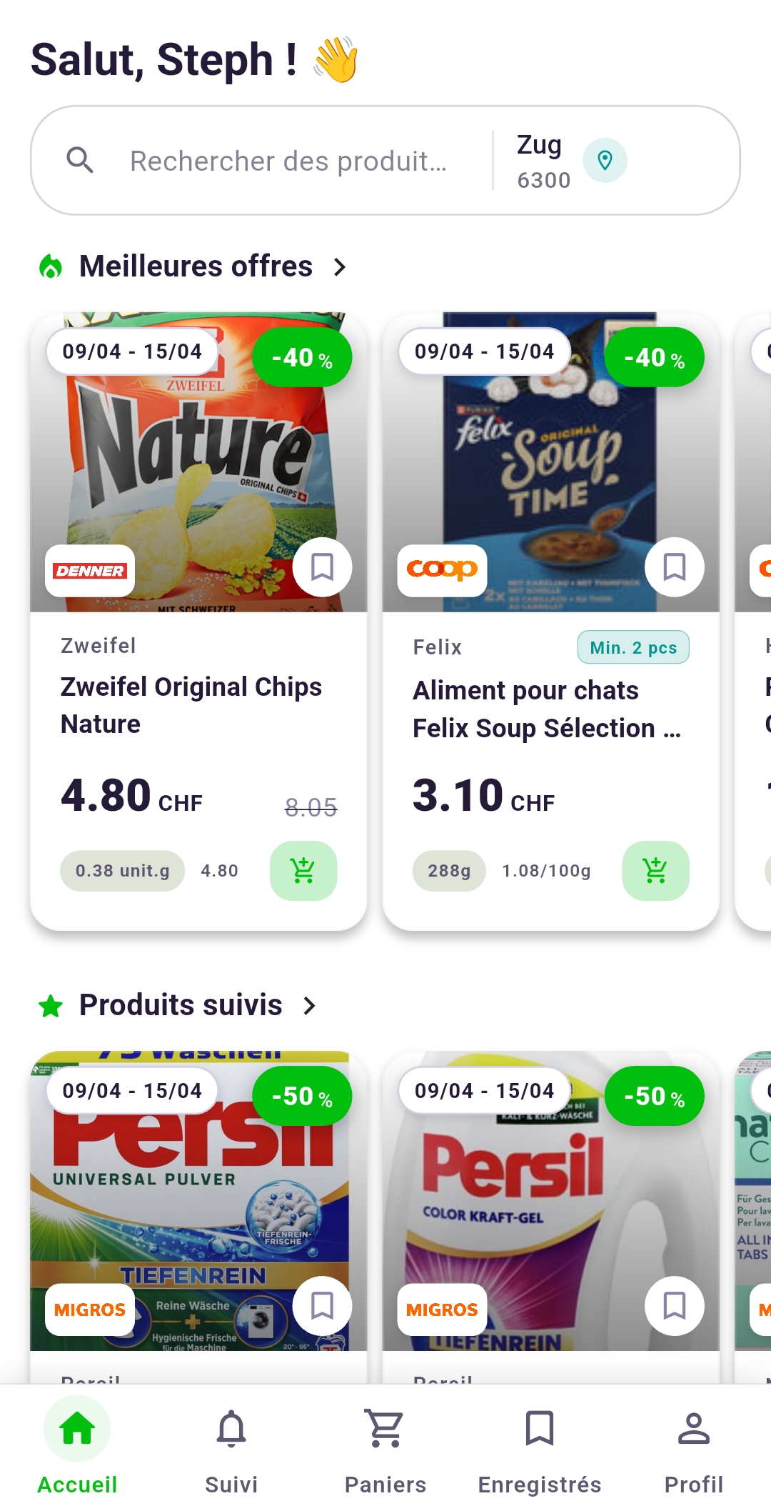 Écran d'accueil Rappn avec les offres hebdomadaires de différents supermarchés suisses