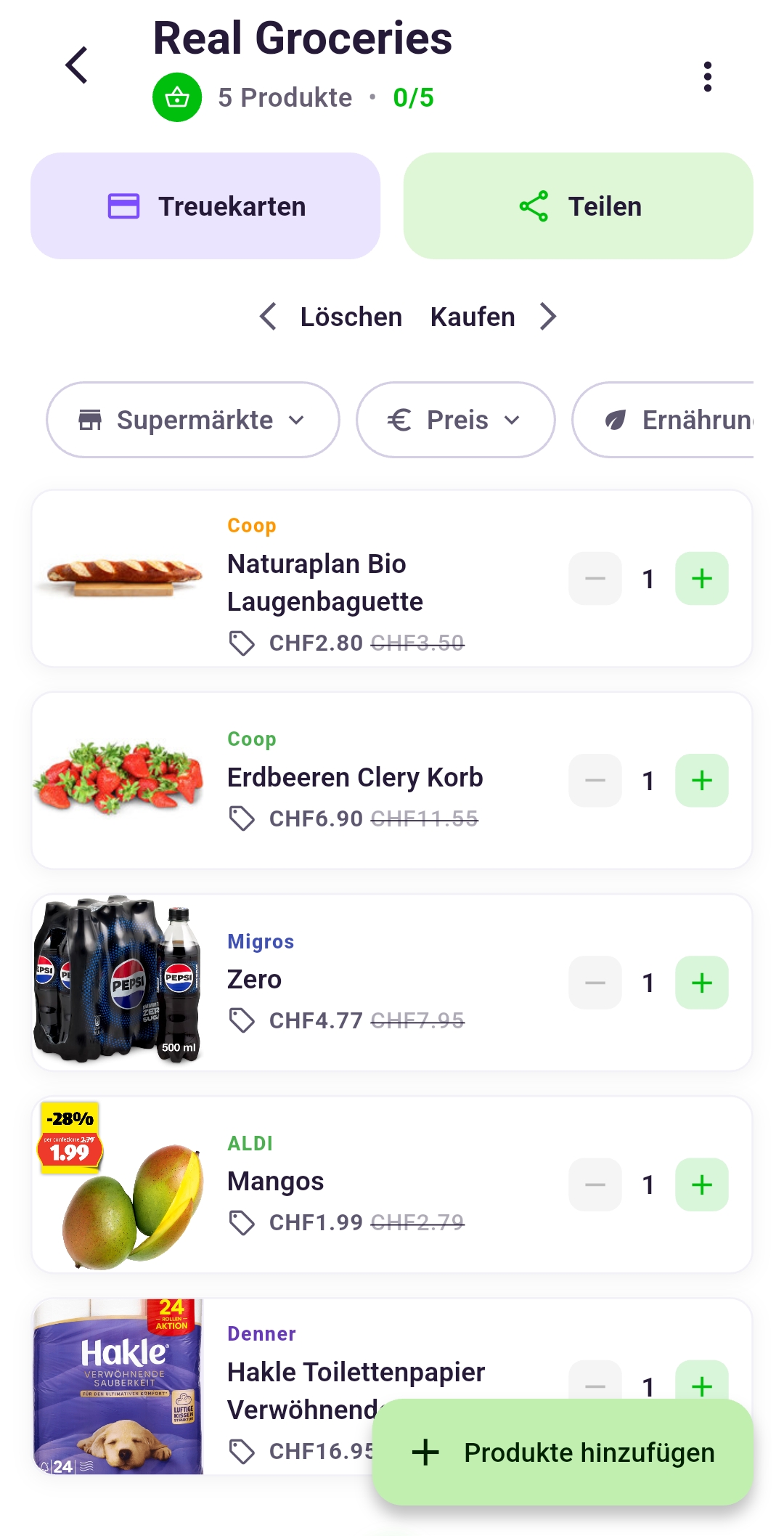 Einkaufsliste in Rappn mit Angeboten verschiedener Supermärkte