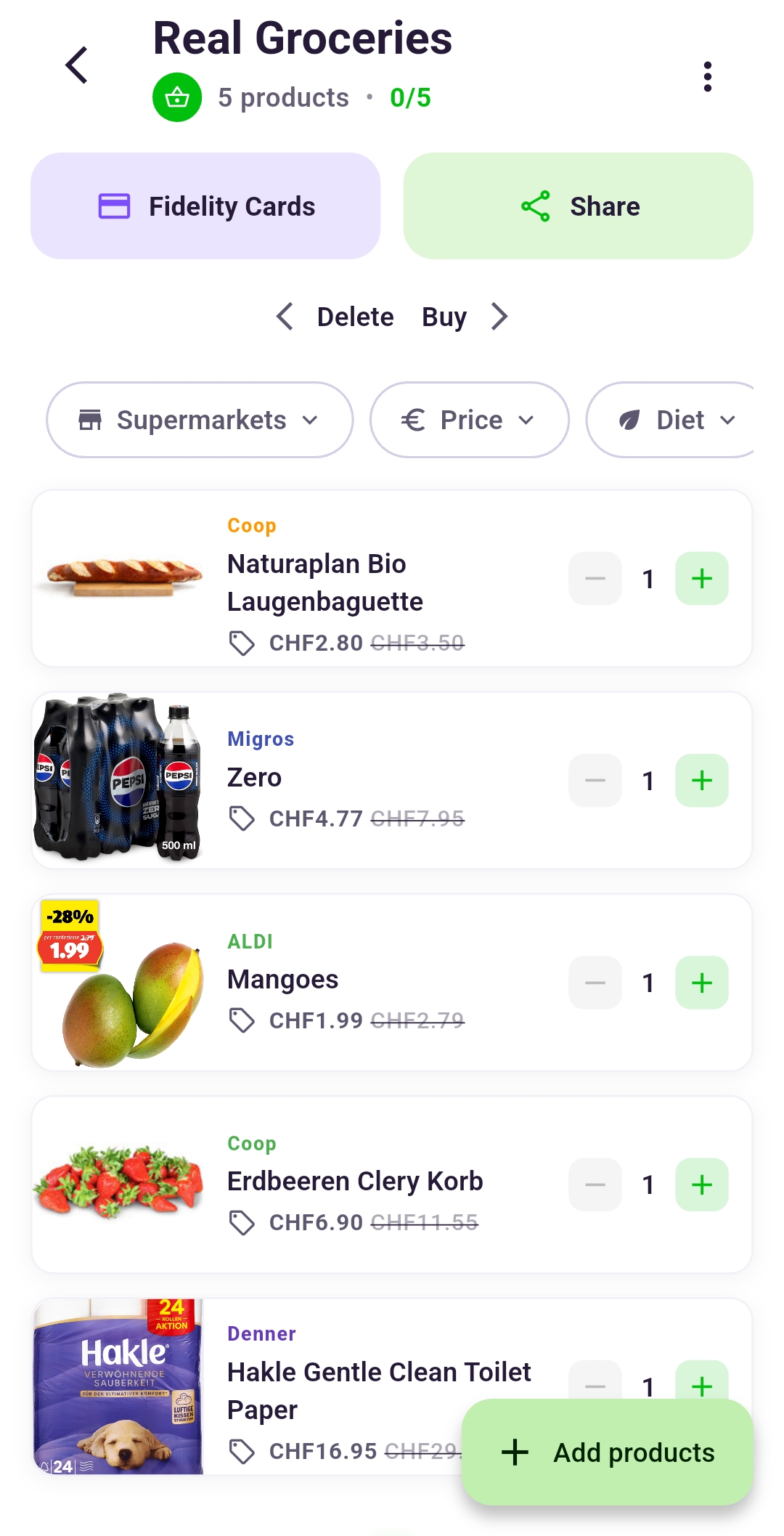 Shopping list in Rappn with deals from different supermarkets