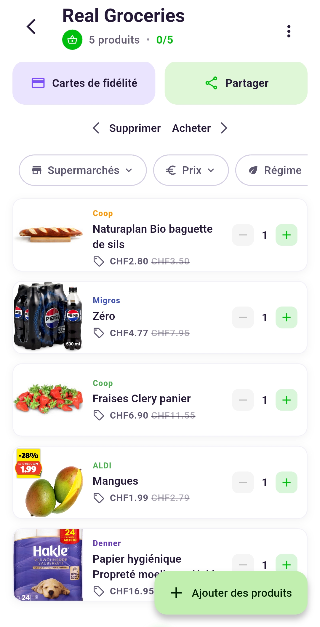 Liste de courses dans Rappn avec des offres de différents supermarchés