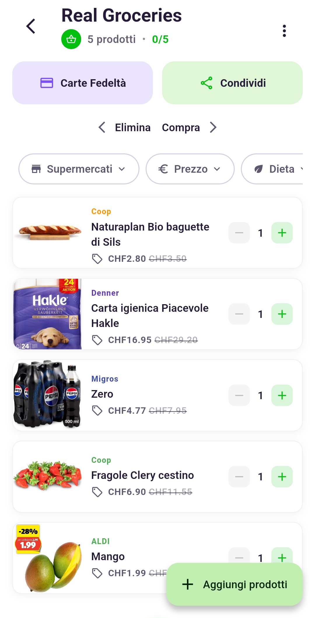 Lista della spesa in Rappn con offerte di diversi supermercati